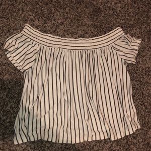 off the shoulder pin stripe shirt